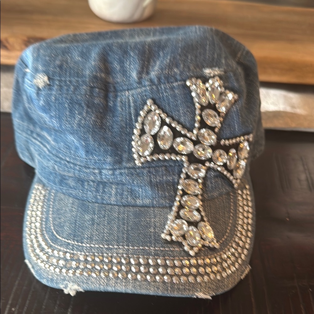 Denim Rhinestone Cross Cadet Cap - Blue